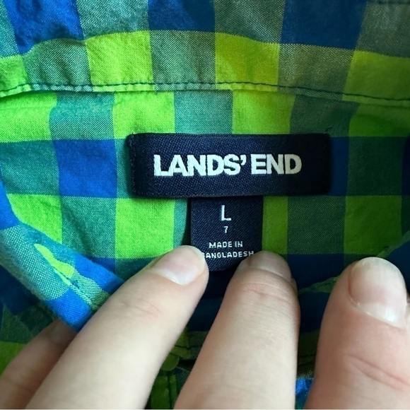 Lands’ End Boys Green and Blue Plaid Check Button Down Shirt L 7 - Picture 2 of 4